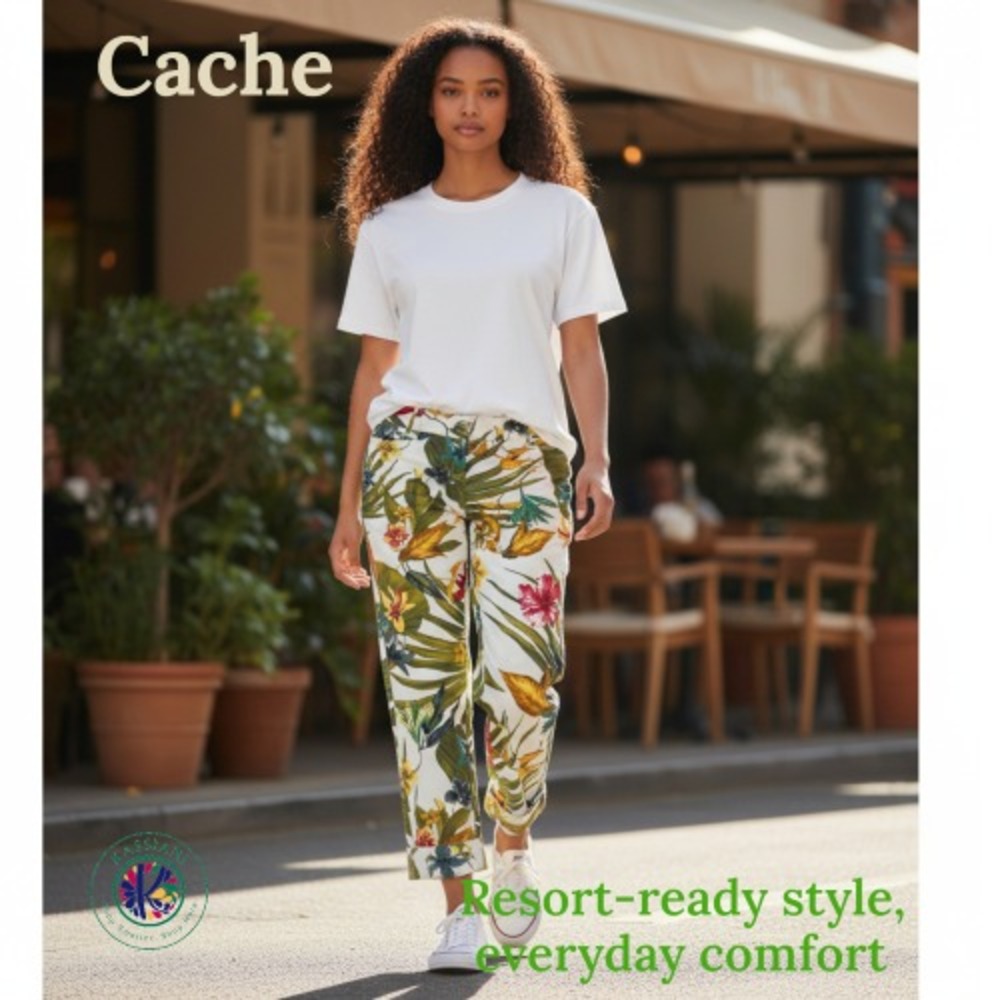 Cache Women's Tropical Print Cropped Pants Size 2‎ Pinwale Corduroy Mid Rise